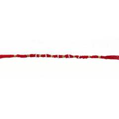 Red mauli rakhi with decorative beads and golden details