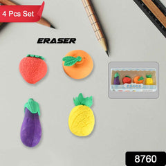 Mini fruit and vegetable-shaped erasers displayed neatly on a white background.