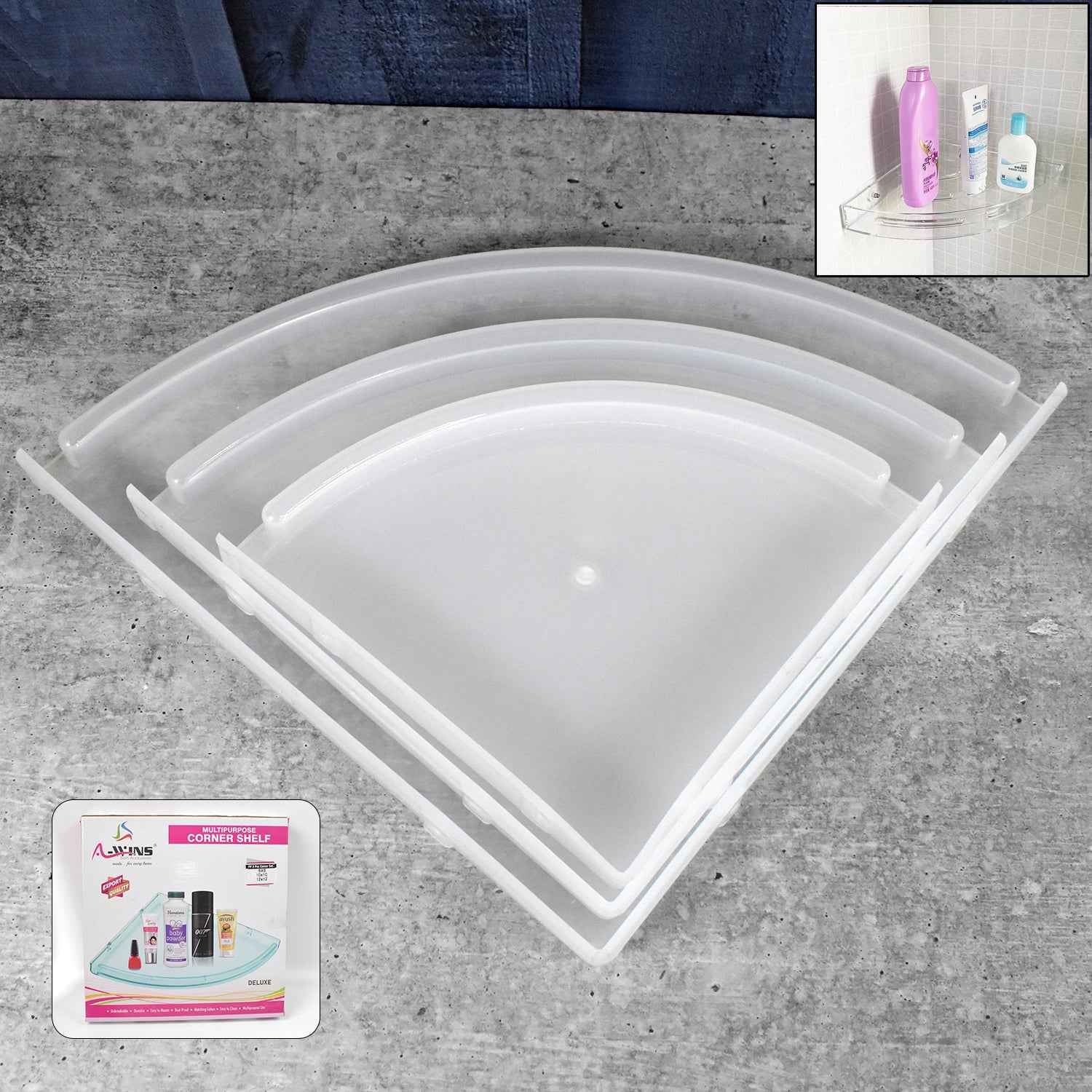 Three-piece white plastic corner shelf set displayed in a modern bathroom.