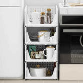 A 4-layer plastic wardrobe drawer organizer, fully assembled and ready for use in a closet.