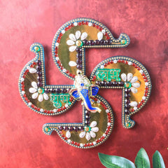 Golden Swastik Shubh Labh Wall Hanging – Ganesh Idol Decor for Prosperity