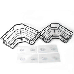 Two-piece stainless steel corner shelf organizer with black iron coating mounted on bathroom wall