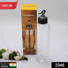 Side view of a clear 1 litre plastic oil bottle, featuring a drip-free pouring spout.