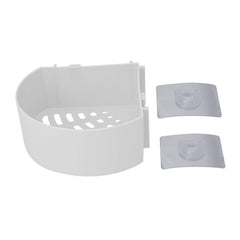 Compact plastic corner rack holding toiletries and spices.