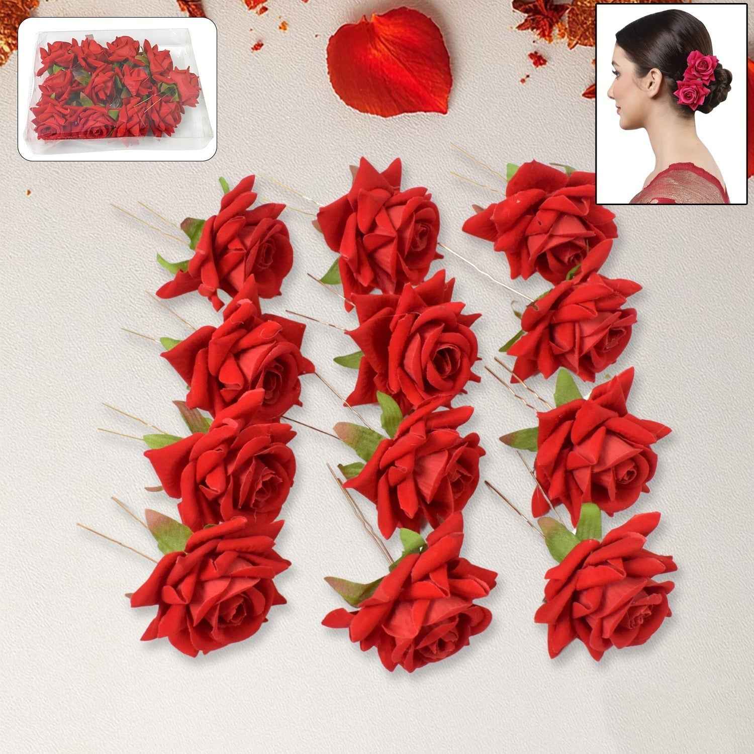 Red Rose Hair Clip – 12 Pc Bridal Flower Pins for Women | Calm & Curl