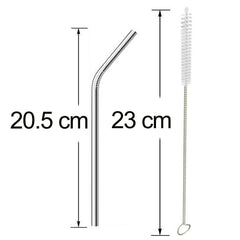 Four shiny bent metal straws and a cleaning brush laid out for inspection.