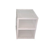 A white two-layer stackable storage rack, perfect for organizing clothes or kitchen items.