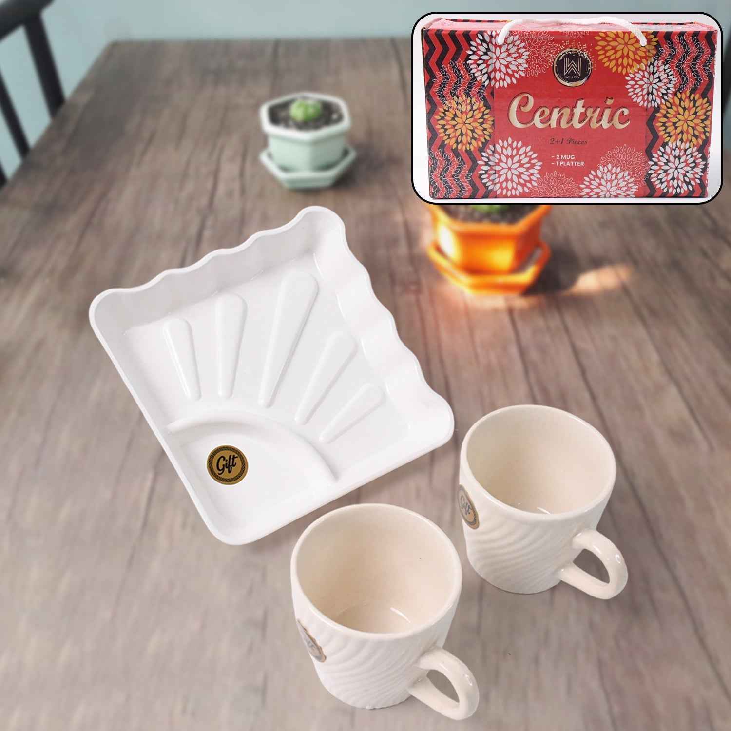 Ceramic Tea Cup Set – Includes Plastic Square Serving Platter