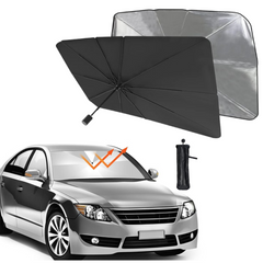 Foldable car sunshade in use, deployed on a car's windshield to block sun.