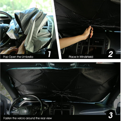 Close-up of the robust handle and mechanism of the windshield umbrella for car.