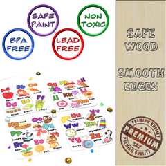 Vibrant alphabet learning puzzle pieces with corresponding images.