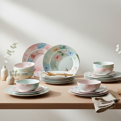 Stackable 32-piece plastic dinner set, optimizing kitchen storage.