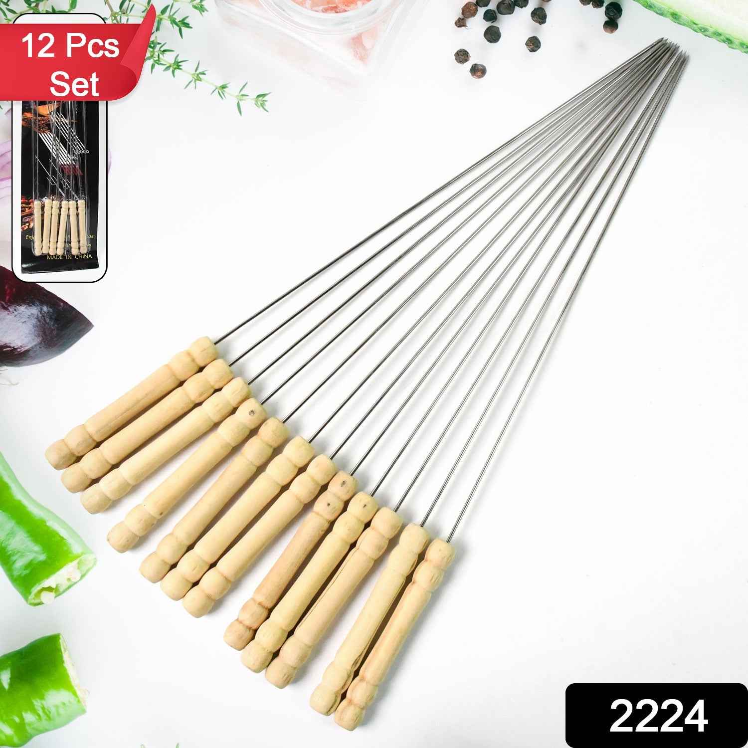 BBQ Skewers – Stainless Steel with Wooden Handles, Set of 12 | Indo Glow