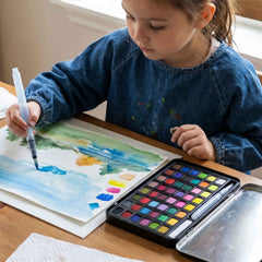 Solid Watercolor Paint Palette Kit with Metal Storage Box and Water Brush (1 Set)