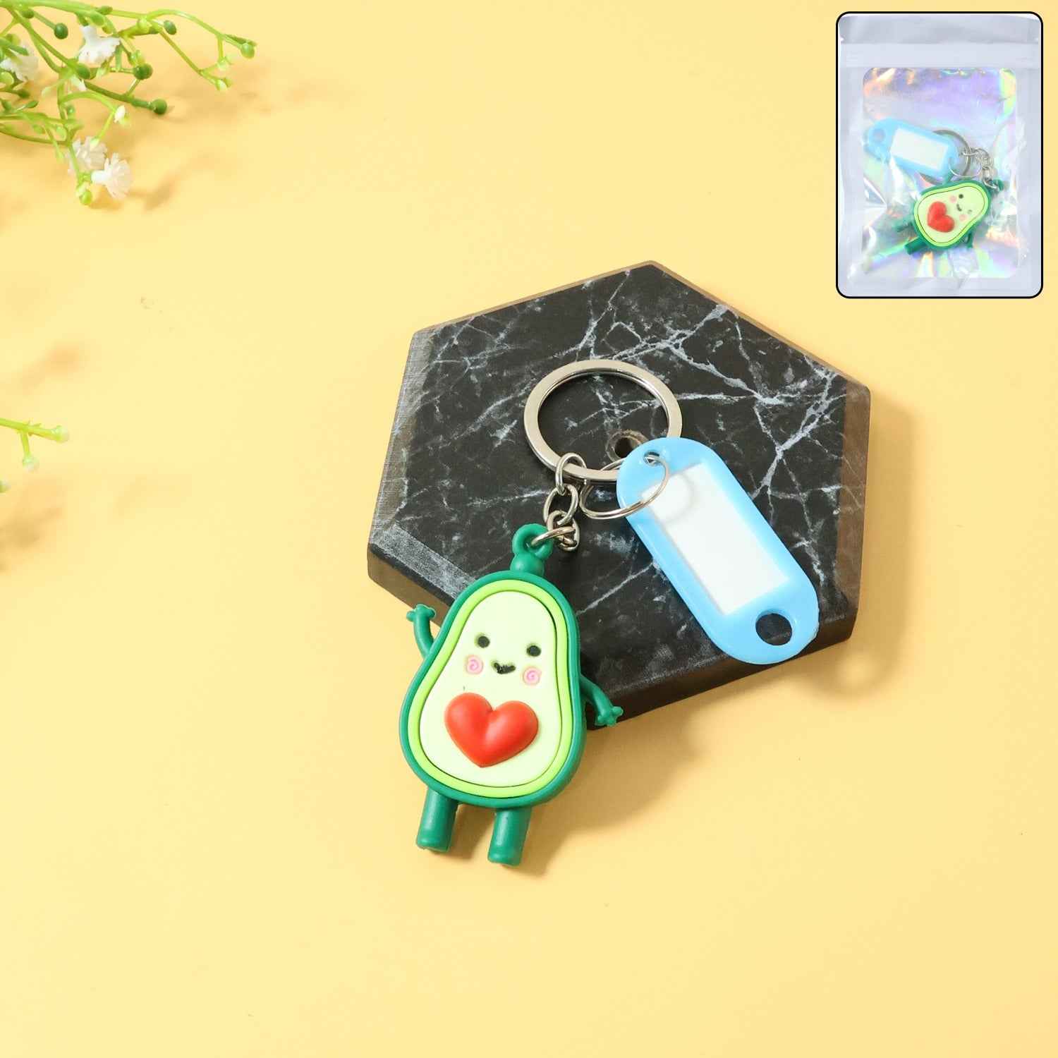 Avocado Cartoon Keychain with Name Tag Holder – Cute & Practical