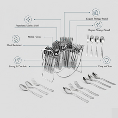 Close-up of spoons and forks from stainless steel cutlery set with mirror finish