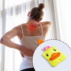 Yellow duck hot water bag keeping hands warm on a cold day.