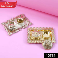 Rectangular Pooja Thali with Kumkum Box – Ornate Aarti Plate