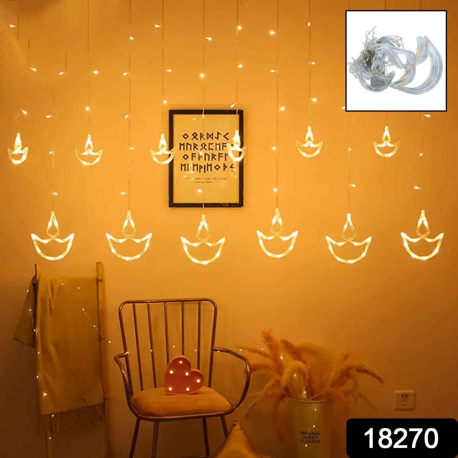 Diya Curtain String Lights with 12 LED diyas draped elegantly for Diwali decoration.