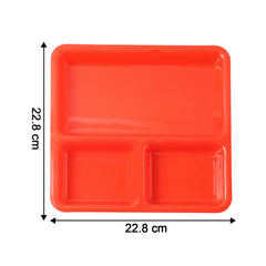 Durable plastic 3-compartment tray with a spill-guard rim.
