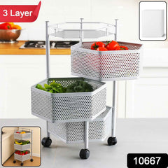 Kitchen Storage Trolley – Premium 3-Layer Hexagon Metal Organizer with Wheels
