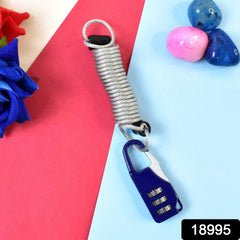 Close-up of rustproof coated steel wire cable on 3-digit combination padlock