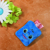 Small blue hot water bag with a soft fabric cover, perfect for pain relief.