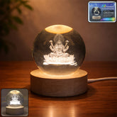3D crystal Lakshmi ball LED night lamp with wooden base on table