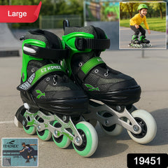 Close-up of adjustable inline skating shoes with safety straps and PU wheels