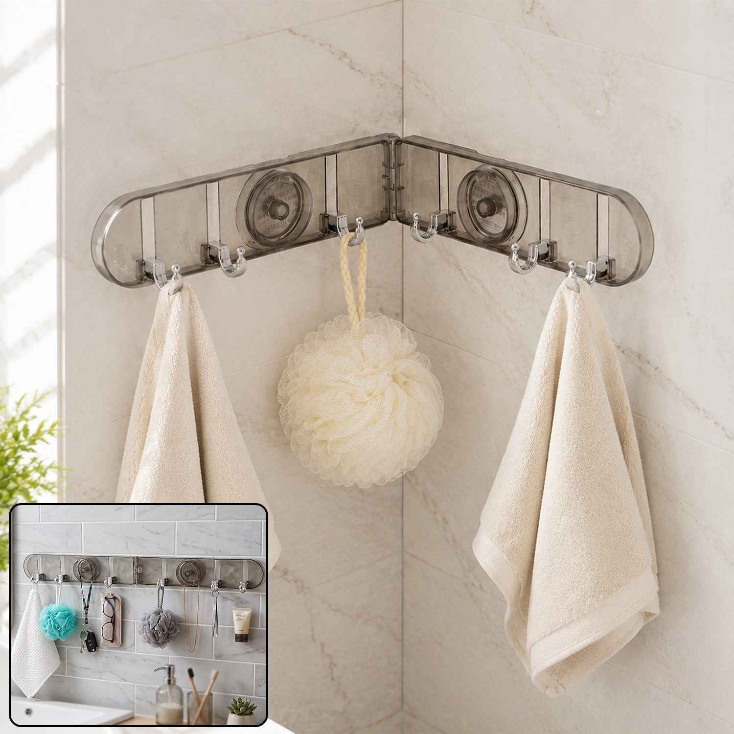 6 Hook Foldable Wall Rack with Suction Cup Mount for Bathroom Kitchen (1 Pc)