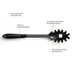 Studio shot of a black heat-resistant pasta server, highlighting its durable nylon construction.