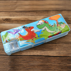 Front view of a vibrant plastic kids pencil case with cartoon print and two compartments.