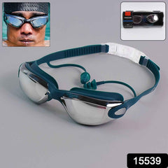 Close-up of UV protection mirrored lenses on anti-fog swimming goggles