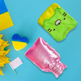 Green Kitty Hot Water Bag with its soft, cute cover for pain relief.