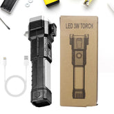 Indo Glow rechargeable LED torch showcasing its emergency hammer and glass cutter.