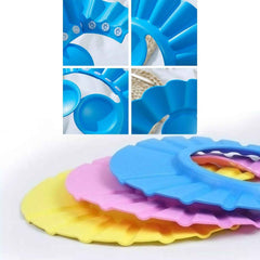 Child wearing an adjustable baby shower cap, ensuring comfortable and tear-free bath time