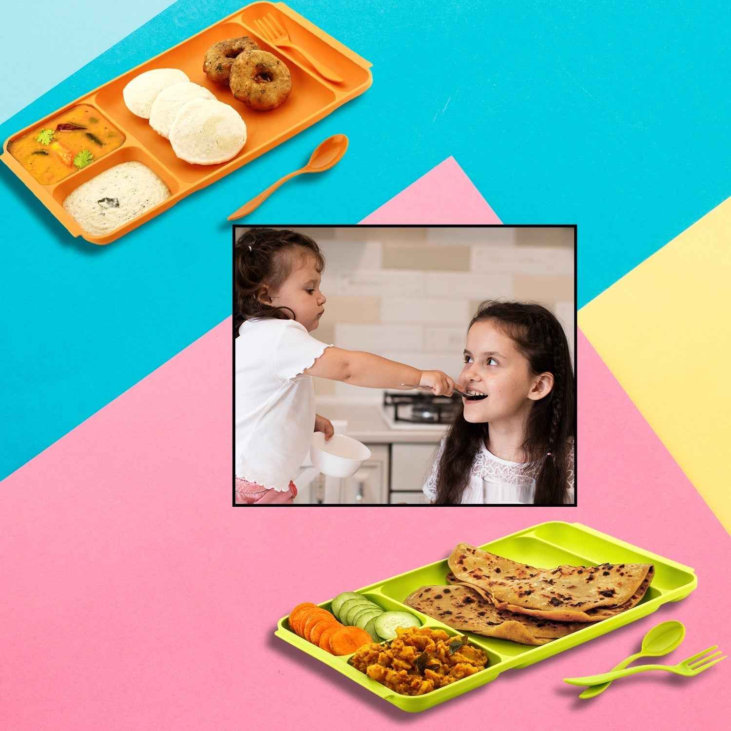 4-Compartment Plate – Plastic Dinner Set with Spoon & Fork |