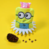 Cute Minions 2-eye hot water bag with soft yellow cover for pain relief.