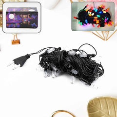Vibrant multi-color LED string lights illuminating a festive setting.