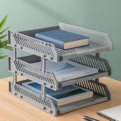 Multifunctional desktop file rack with four layers for office storage.