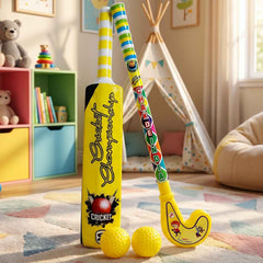 Children happily playing cricket and hockey with the durable plastic sports set outdoors.