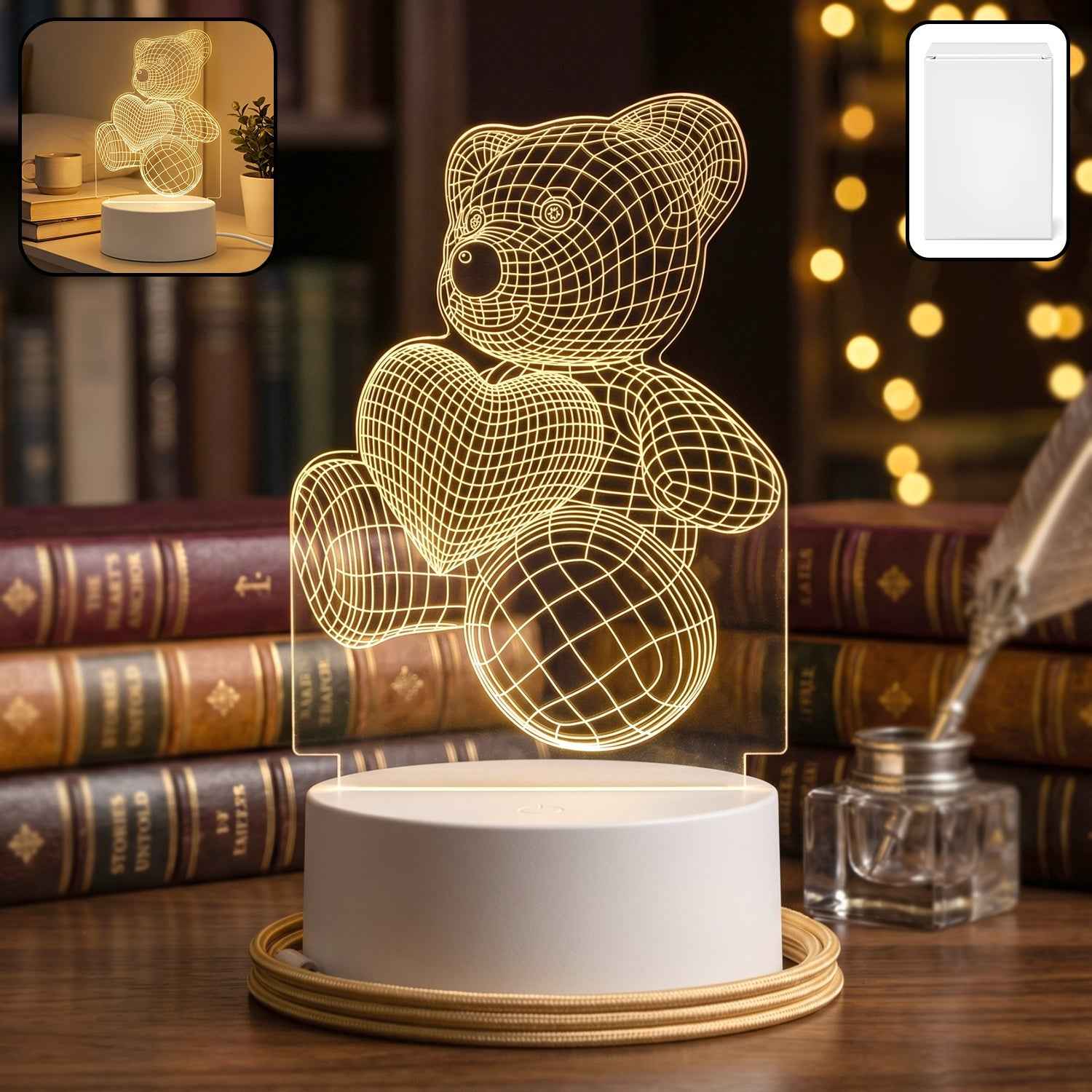 3D Teddy Bear Night Lamp – Captivating Heart Illusion for Kids and Home