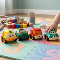 Front view of Animal Cartoon Pull-Back Toy Car Set with four vibrant mini cars