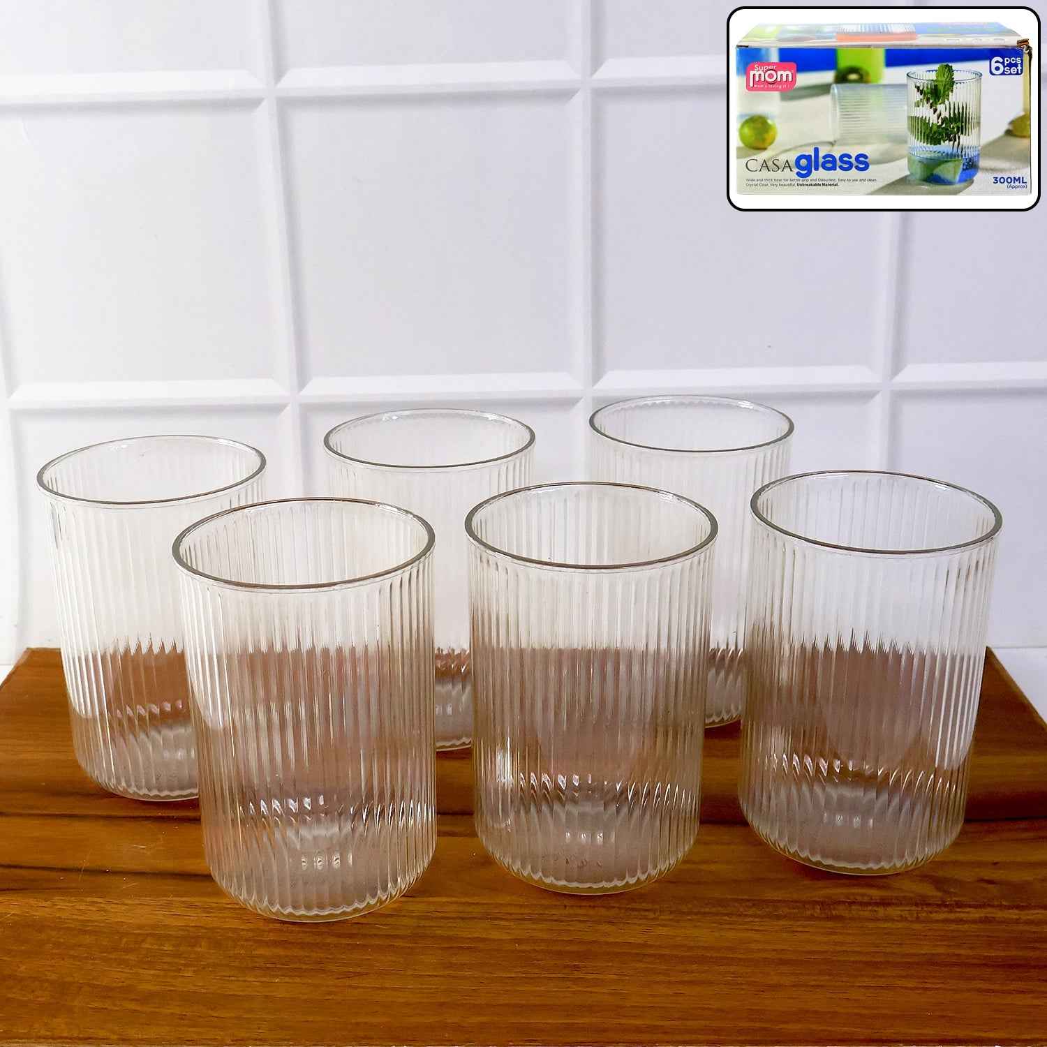 Plastic Glass Set – 6 Tall Ribbed 300ml Unbreakable Glasses