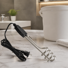 Portable electric immersion water heater with a comfortable handle.