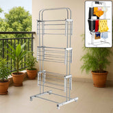 Stainless Steel Clothes Drying Stand – Foldable 3-Layer Rack with Wheels