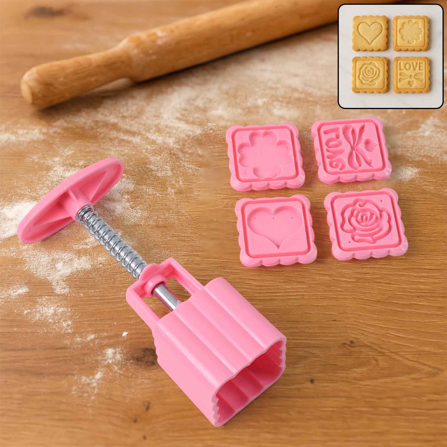Cookie Biscuit Stamp Mold Set – 4 Decorative Stamps with Press Handle