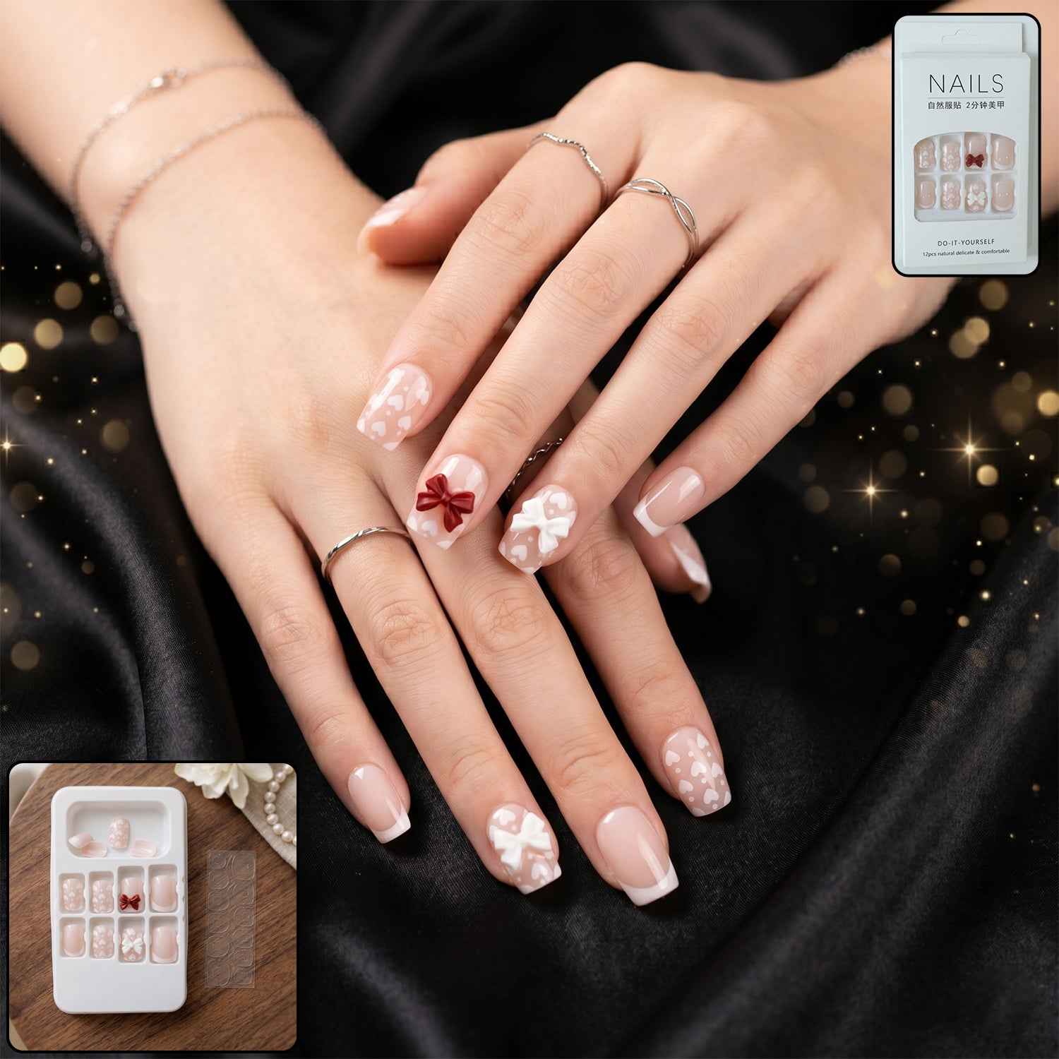Press-On Nail Tips – Glitter 3D Floral Design with Strong Glue