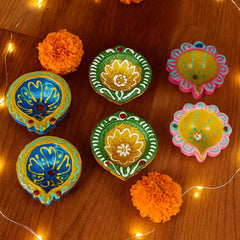 Clay Diya Set – Hand-Painted, Multicolor Decorative Lamps (6 Pc)