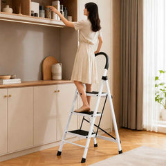3 Step Folding Ladder with Padded Handrail Anti Slip Steel Step Stool (1 Pc)